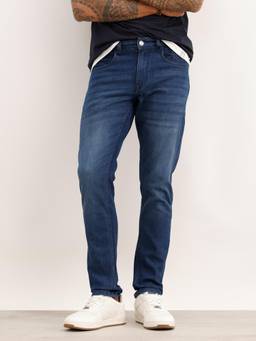 WROGN - Blue Cotton Blend Mid Waist Slim Leg Solid Jeans