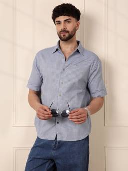 WROGN - Blue Cotton Collar Neck Half Sleeves Stripes Shirt