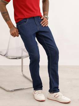WROGN - Blue Cotton Blend Mid Waist Slim Leg Solid Jeans