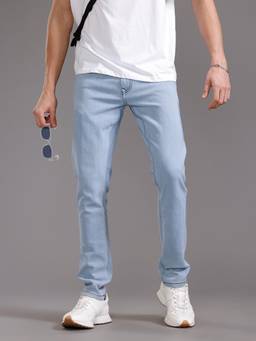 WROGN - Blue Cotton Blend Mid Waist Slim Leg Solid Jeans