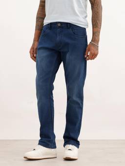 WROGN - Blue Cotton Blend Mid Waist Straight Leg Solid Jeans