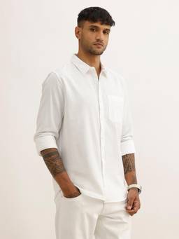 WROGN - White Cotton Collar Neck Full Sleeves Textured Shirt