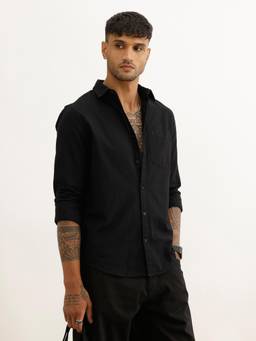 WROGN - Black Cotton Collar Neck Full Sleeves Solid Shirt