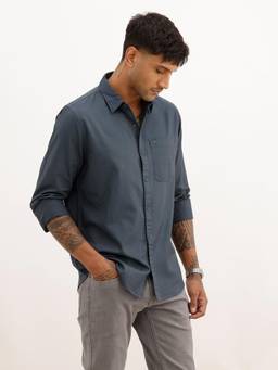 WROGN - Navy Blue Cotton Collar Neck Full Sleeves Solid Shirt