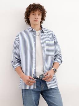 WROGN - Blue Cotton Collar Neck Full Sleeves Stripes Shirt