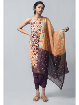 Unnati Silks - Unstitched Tan Pure Bandhani Cotton Salwar Kameez (Set of 3)