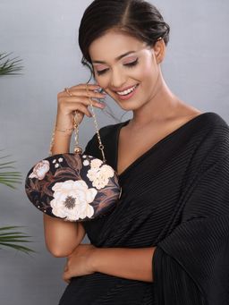 Aatmana - Navy Black & Brown Floral Printed Box Clutch