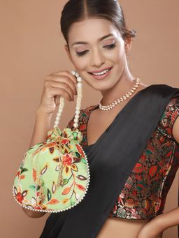 Aatmana - Green Multi-coloured Leaf Pattern Potli Bag