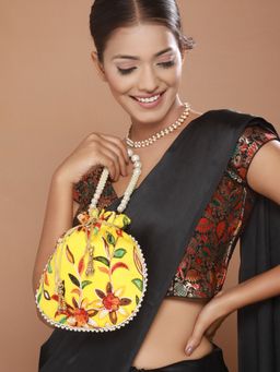 Aatmana - Yellow Multi-coloured Leaf Pattern Potli Bag