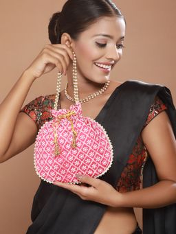 Aatmana - Pink & Gold-Toned Chikan Embroidered Work Potlid Clutch