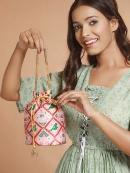 Aatmana - Pink & Green Parrot Pattern Potli Bag