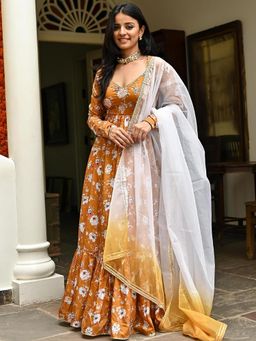 Lavanya The Label - Brown Floral Printed Long Dress (Set of 2)