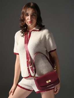 United Colors of Benetton - Women Maroon Pu Textured Sling Bag with Detachable Strap