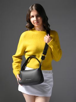 United Colors of Benetton - Women Black Pu Textured Sling Bag with Detachable Strap