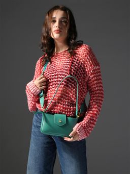 United Colors of Benetton - Women Green Pu Textured Sling Bag with Detachable Strap