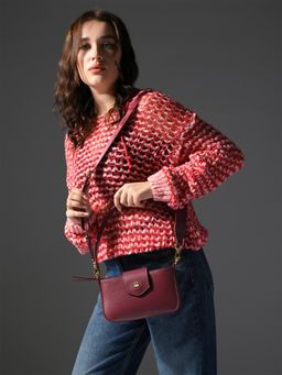 United Colors of Benetton - Women Maroon Pu Textured Sling Bag with Detachable Strap