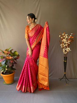 EXCLUSIVA - Pink Patola Leheriya Saree with Unstitched