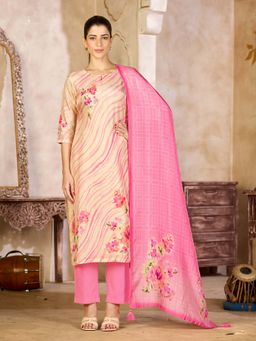 Seerat - Women Cream-Pink Floral Printed Kurta with Pant and Dupatta