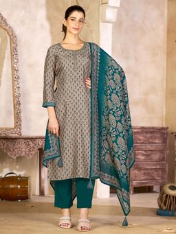 Seerat - Women Grey-Teal Floral Printed Kurta with Pant and Dupatta