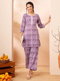 Janasya - Women Purple Floral Printed Co-Ord Set