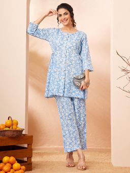Janasya - Women Blue Floral Printed Co-Ord Set