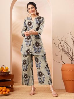 Janasya - Women Grey Floral Printed Co-Ord Set