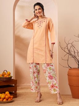 Janasya - Women Peach Floral Embroidered Co-Ord Set