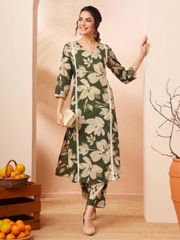 Janasya - Women Olive Floral Printed Co-Ord Set