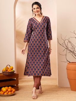 Janasya - Women Navy Blue Floral Kalamkari Kurta with Pant