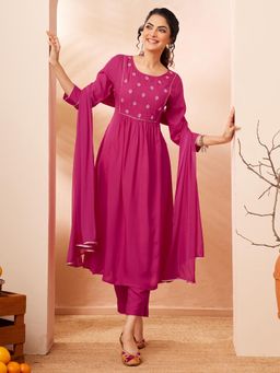 Janasya - Women Magenta Floral Embroidered Kurta with Pant and Dupatta