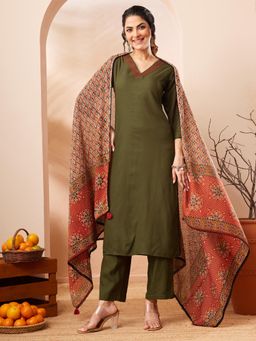 Janasya - Women Olive Solid Thread Work Kurta with Pant and Dupatta