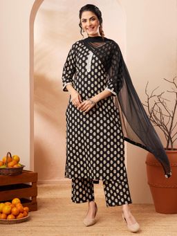 Janasya - Women Black Floral Printed Kurta with Pant and Dupatta