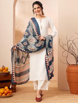 Janasya - Women Off White Solid Printed Kurta with Pant and Dupatta