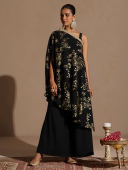 Janasya - Women Black Floral Printed Crop Top with Palazzo and Cape