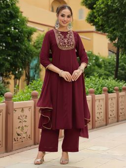 Janasya - Women Maroon Floral Embroidered Kurta with Pant and Dupatta