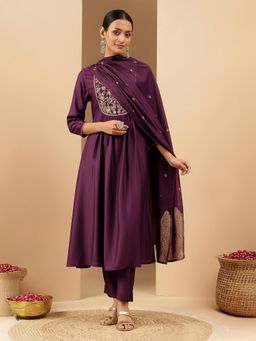 Janasya - Women Purple Floral Embroidered Kurta with Pant and Dupatta