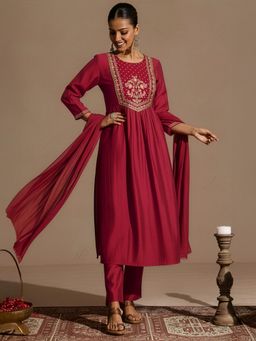 Janasya - Women Maroon Floral Embroidered Kurta with Pant and Dupatta