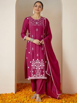 Janasya - Women Magenta Floral Printed Kurta with Pant and Dupatta