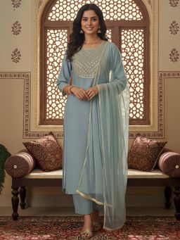 Janasya - Women Blue Embroidered Sequined Work Kurta with Pant and Dupatta