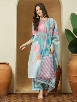 Janasya - Women Blue Floral Printed Kurta with Pant and Dupatta