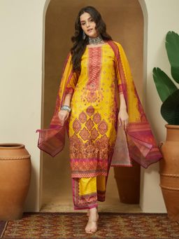 Janasya - Women Yellow Floral Printed Kurta with Pant and Dupatta
