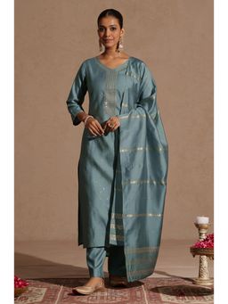 Janasya - Women Blue Embroidered Sequined Work Kurta with Pant and Dupatta