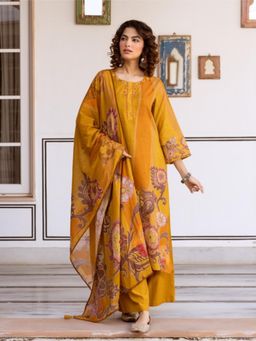 Autumnlane - Women Mustard Floral Printed Kurta with Palazzo and Dupatta