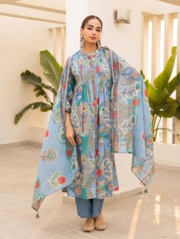 Autumnlane - Women Blue Floral Printed Kurta with Pant and Dupatta