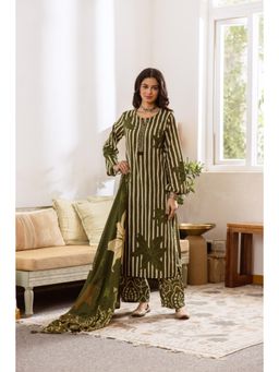 Autumnlane - Women Green Stripes Printed Kurta with Pant and Dupatta