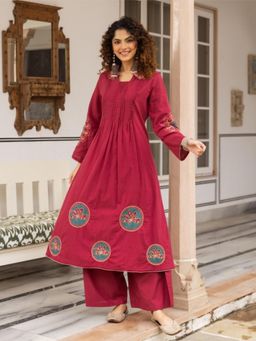 Autumnlane - Women Maroon Floral Embroidered Kurta with Palazzo