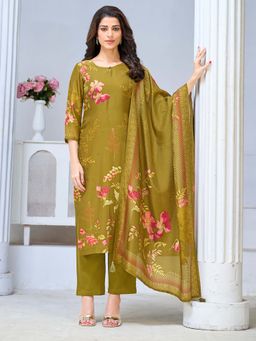 Seerat - Women Olive Floral Printed Kurta with Pant and Dupatta