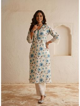 Autumnlane - Women Off White-Blue Floral Printed Kurta with Pant