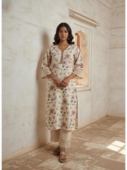 Autumnlane - Women Off White-Brown Floral Printed Kurta with Pant