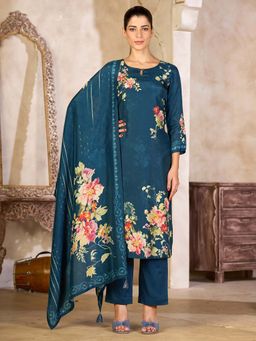 Seerat - Women Teal Floral Printed Kurta with Pant and Dupatta